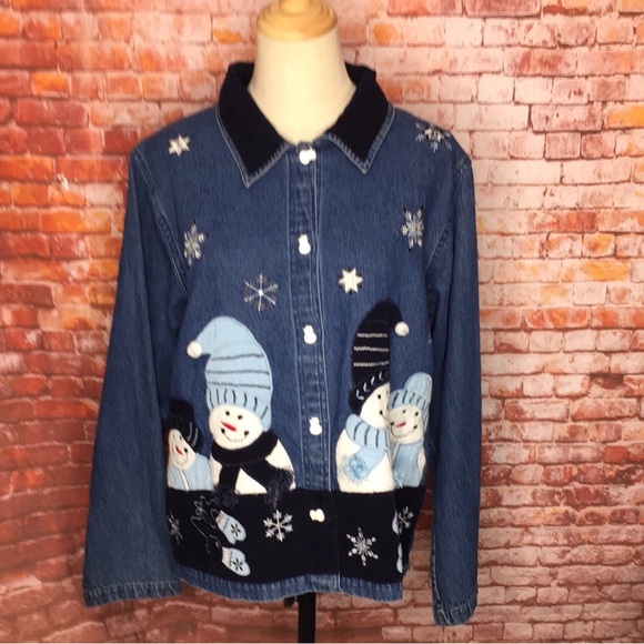 Vintage Button Down Denim Ugly Christmas Snowman Shirt - Picture 1 of 9
